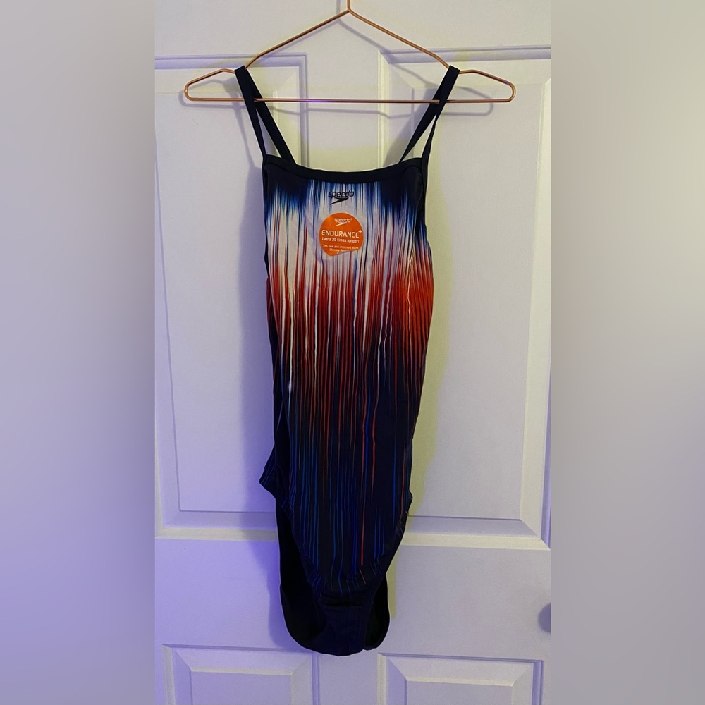 Speedo Red White and Blue Striped Endurance + pro back competition Swimwear